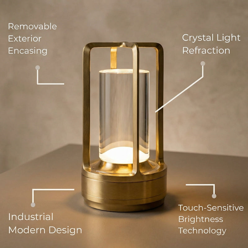 Gold and glass lamp with features highlighted on a beige background