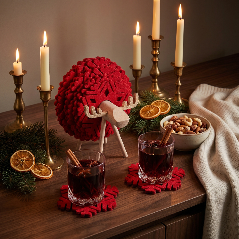 Red elk drink coasters on dining table with candles