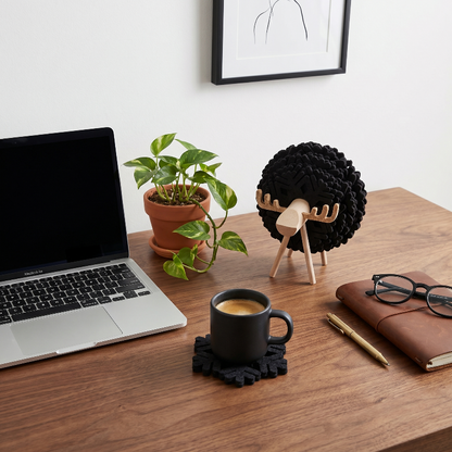 Black elk drink coaster on desk beside laptop