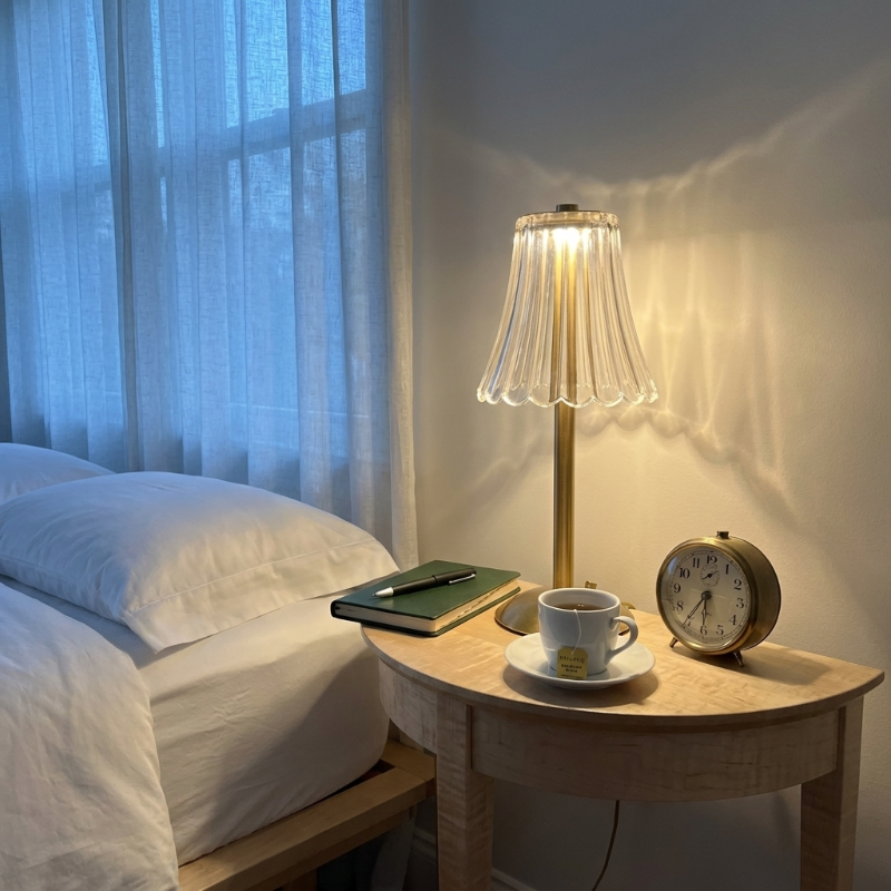 Elysian cordless dimmable table lamp on side table in softly lit bedroom