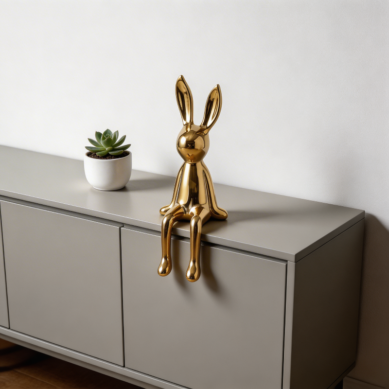 Gold rabbit sculpture on a gray cabinet with a small plant in the background