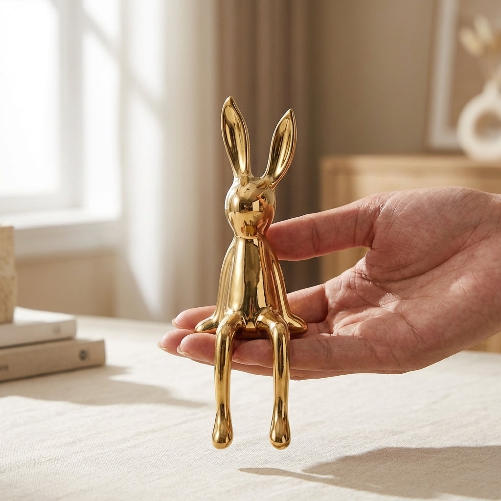 Gold rabbit figurine held in a hand with a blurred indoor background