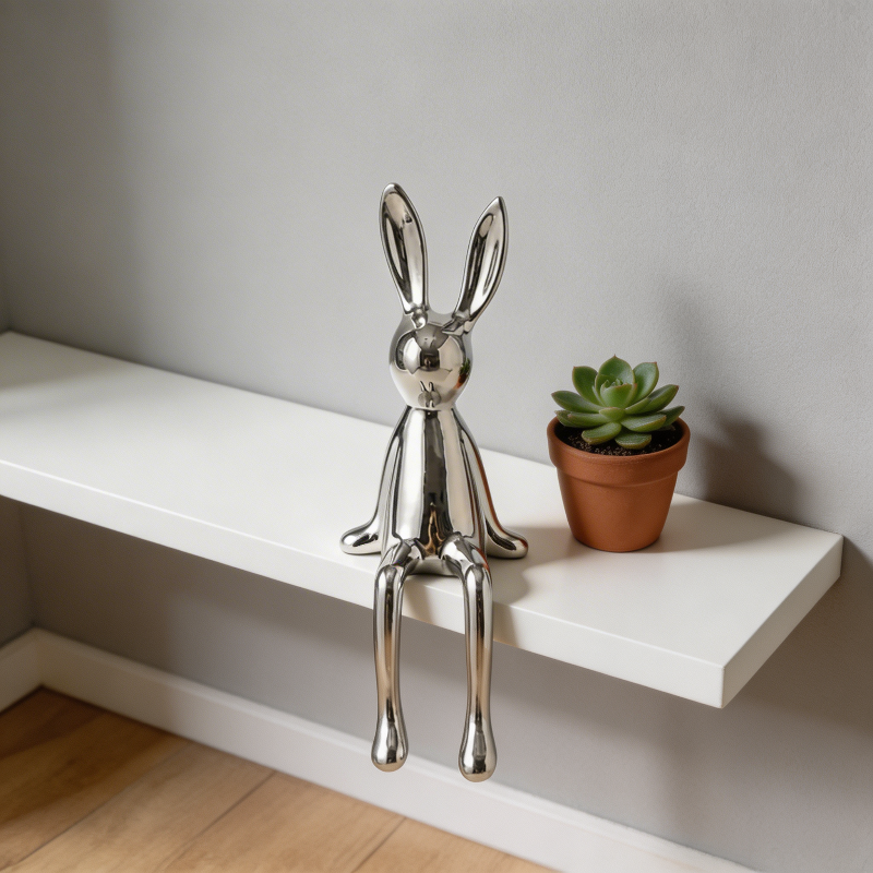 Silver rabbit sculpture and potted plant on a white shelf against a gray wall.