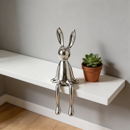 Silver rabbit sculpture and potted plant on a white shelf against a gray wall.