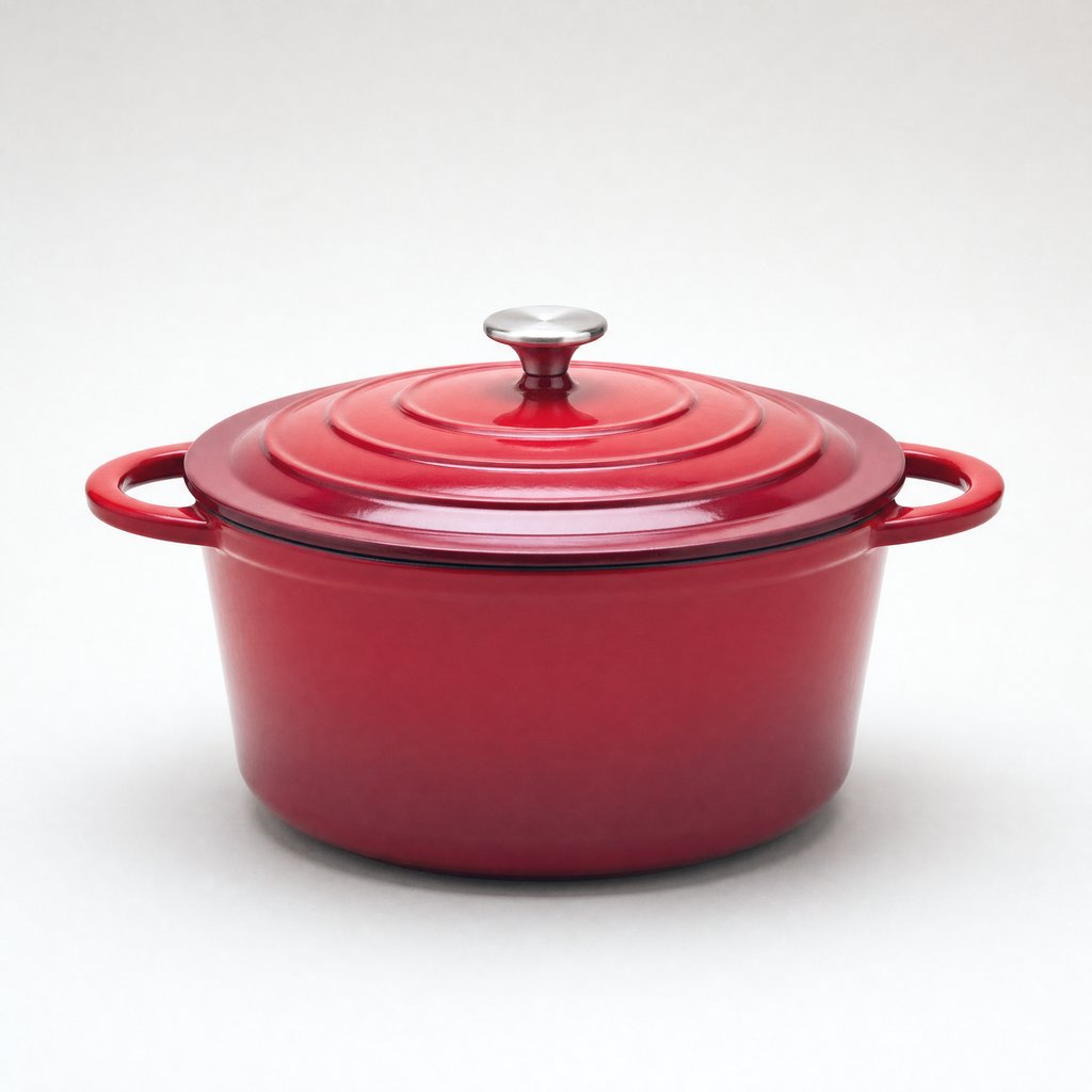 Red enameled Dutch oven product photo on a white background
