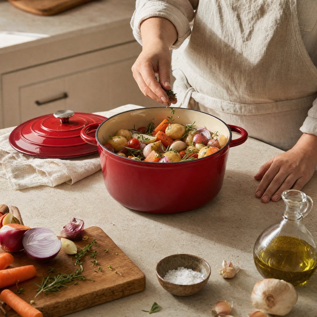Red enameled Dutch oven filled with raw vegetables as herbs are sprinkled in