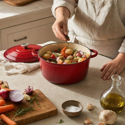 Red enameled Dutch oven filled with raw vegetables as herbs are sprinkled in