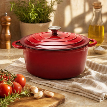 Red enameled Dutch oven on a striped cloth beside olive oil, tomatoes, and rosemary on a kitchen counter