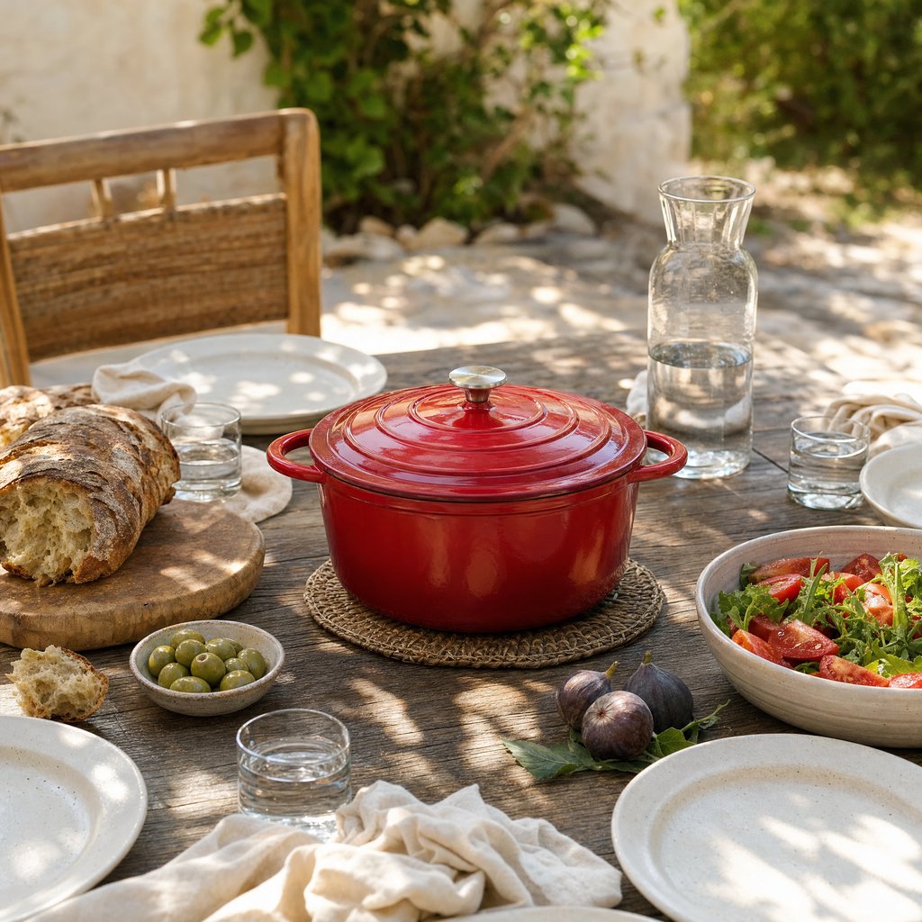 Red enameled Dutch oven on an outdoor table set with bread, olives, and salad