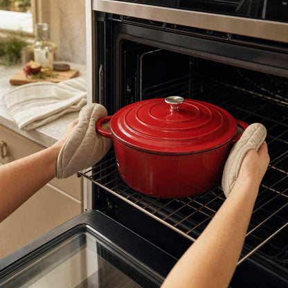 Red enameled Dutch oven being placed into an oven with oven mitts