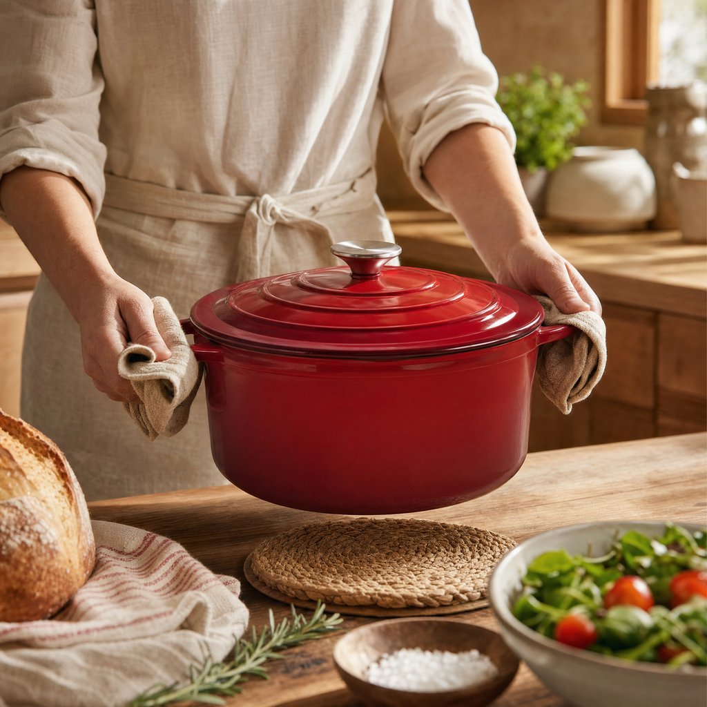 Red enameled Dutch oven being carried with oven mitts in a kitchen