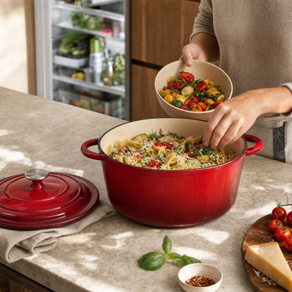 Red enameled Dutch oven filled with pasta salad being served at a kitchen island