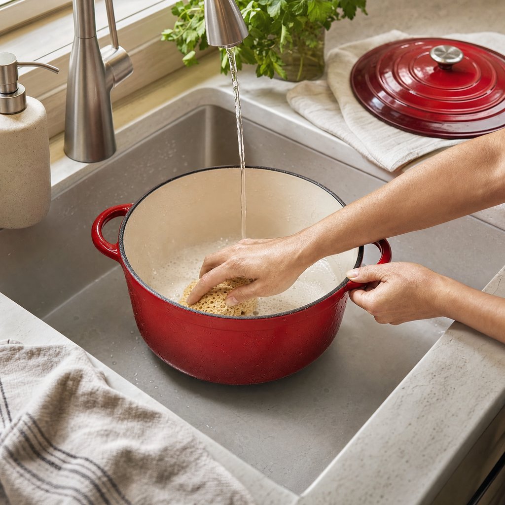 Red enameled Dutch oven being hand-washed in a kitchen sink