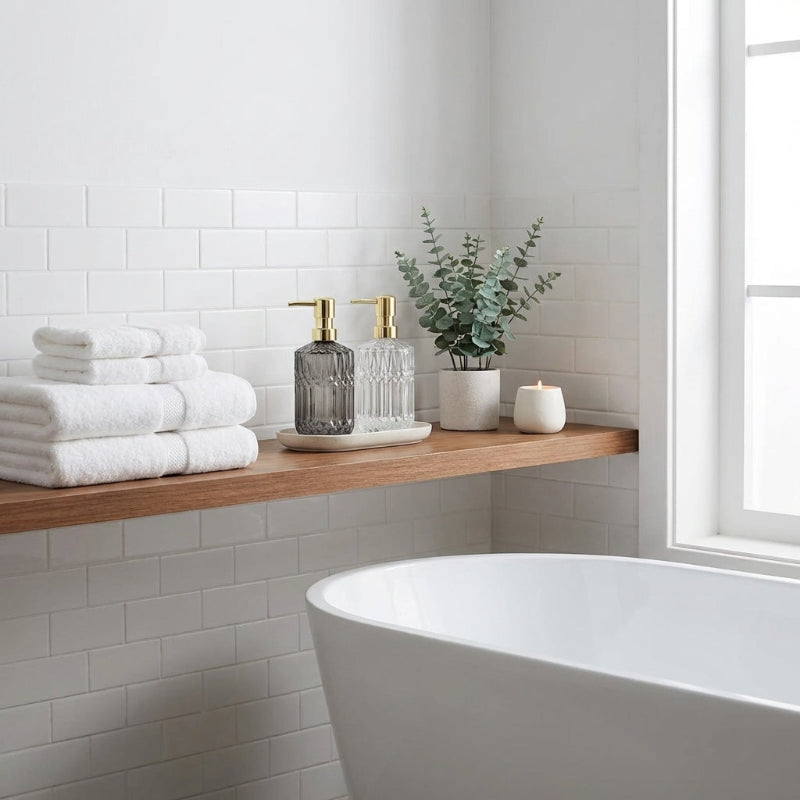 Facet glass soap dispensers on bathroom shelf beside bathtub