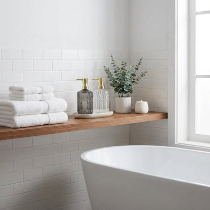 Facet glass soap dispensers on bathroom shelf beside bathtub
