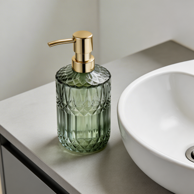 Green facet glass soap dispenser on sink ledge