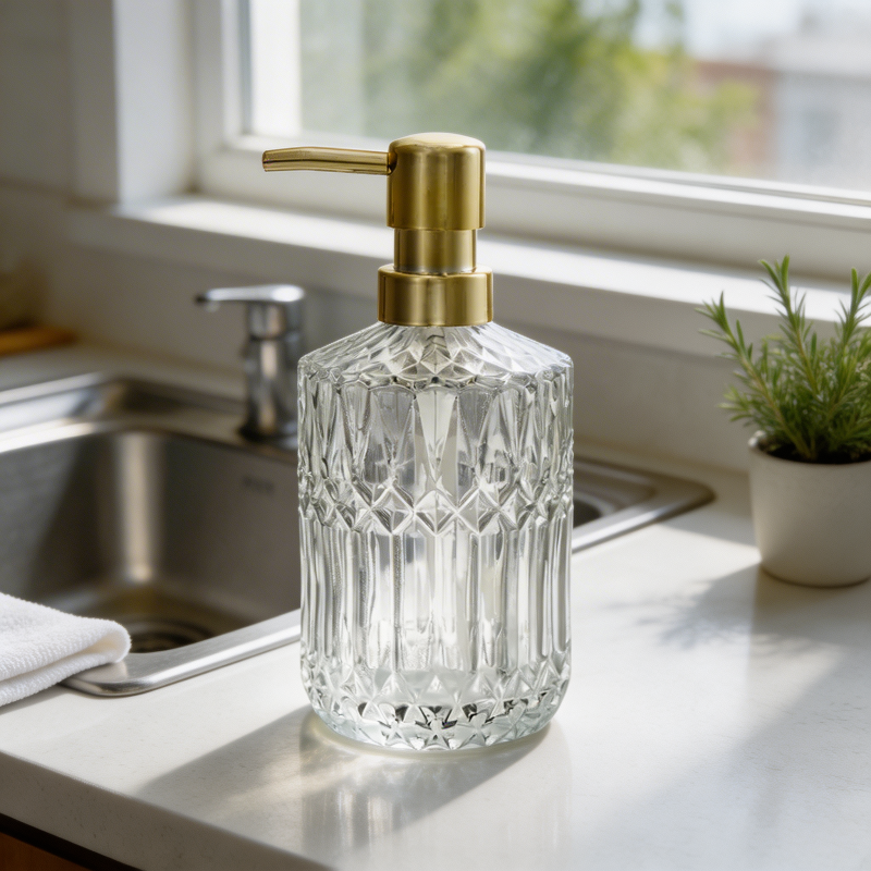 Clear glass soap dispenser with gold pump on a kitchen counter