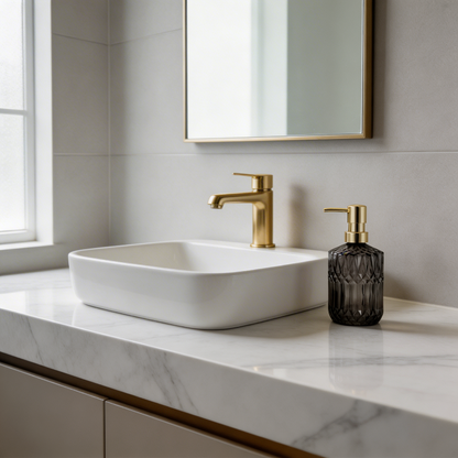 Facet glass soap dispenser on bathroom counter with gold faucet