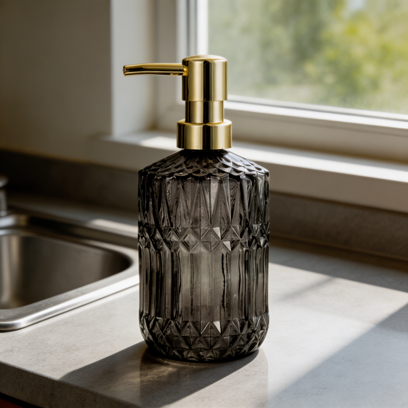 Smoke facet glass soap dispenser on sink ledge