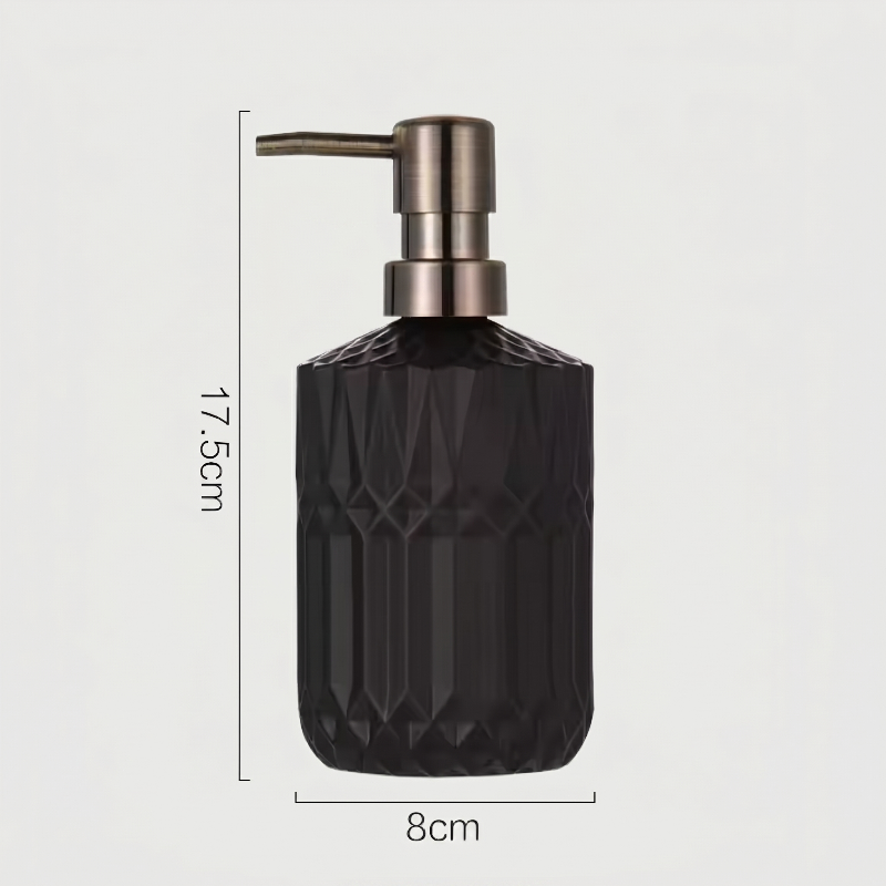 Black facet glass soap dispenser dimensions graphic on white background
