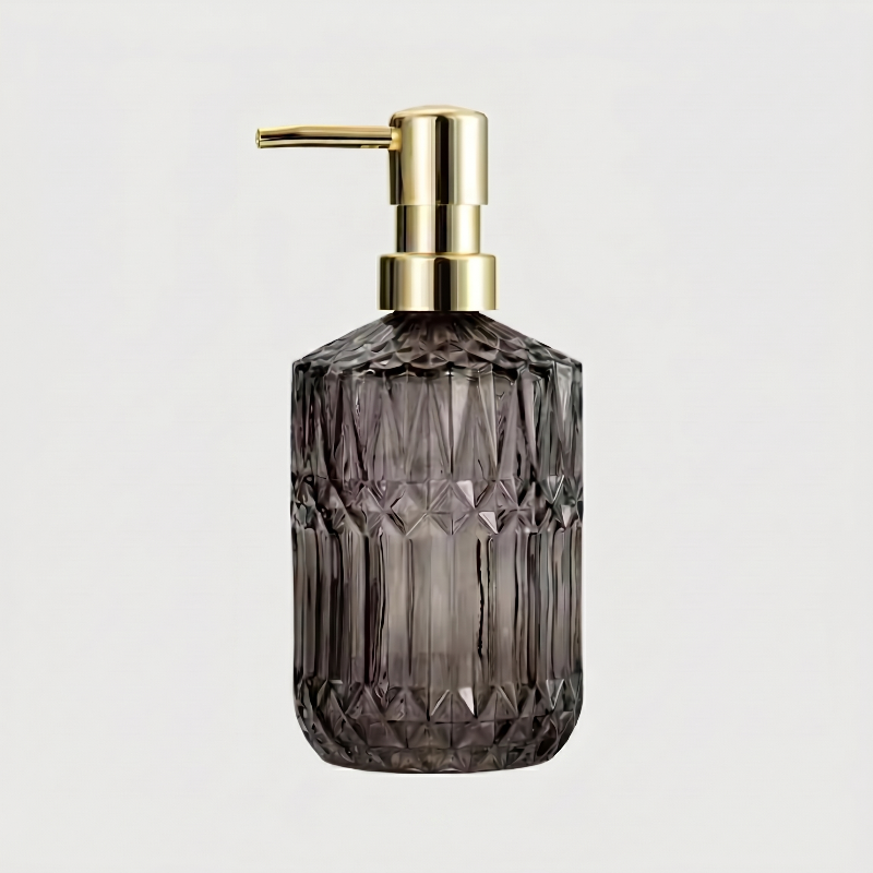 Smoke facet glass soap dispenser on white background