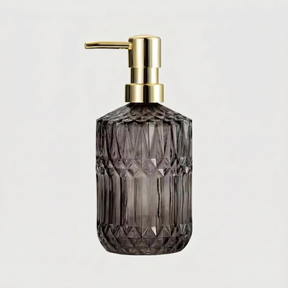 Smoke facet glass soap dispenser on white background