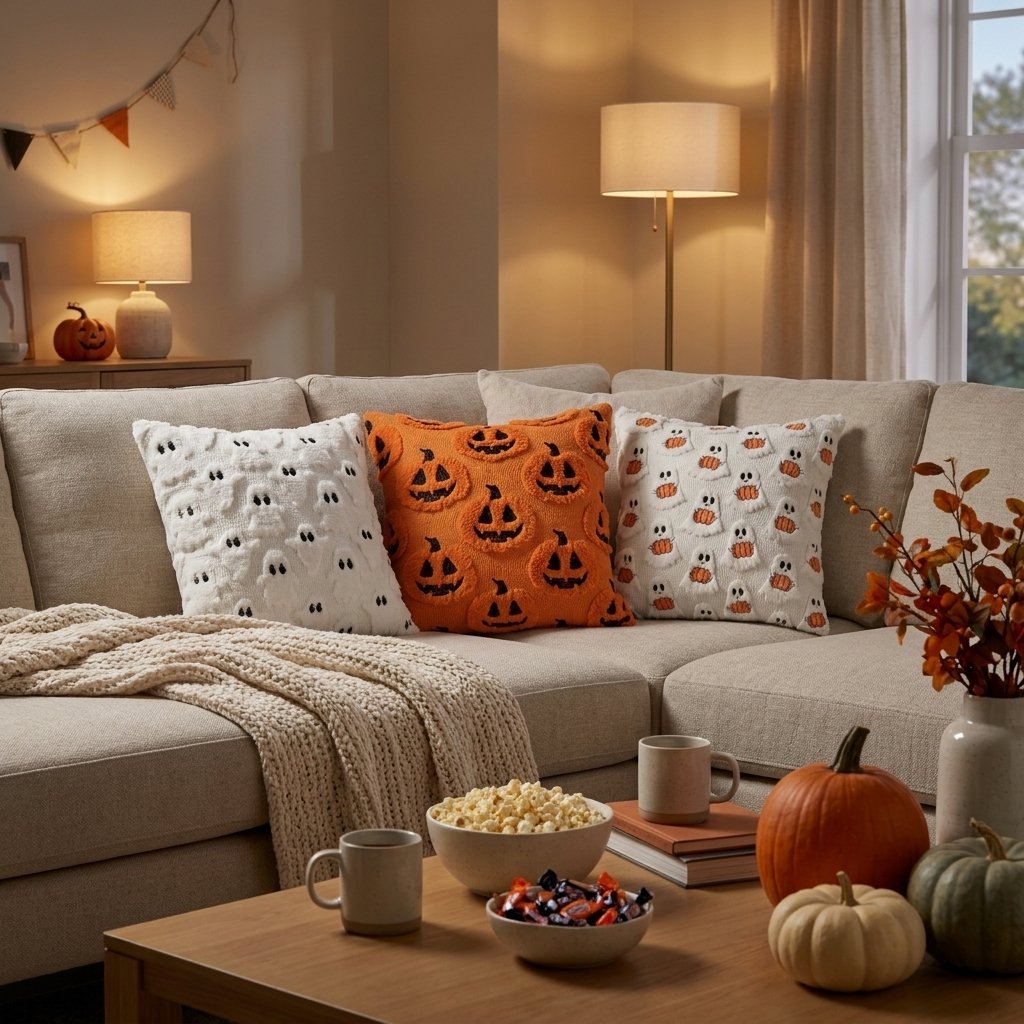 Fall Halloween Throw Pillow Covers in all three styles, Ghost, Pumpkins, and Ghost with Pumpkin, styled on a couch in a cozy evening living room