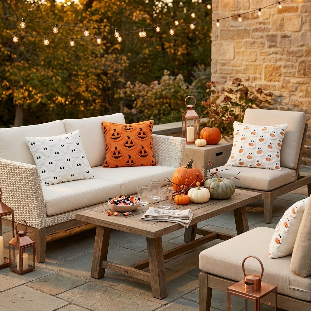 Fall Halloween Throw Pillow Covers in all three styles on outdoor patio furniture at dusk with string lights and pumpkins