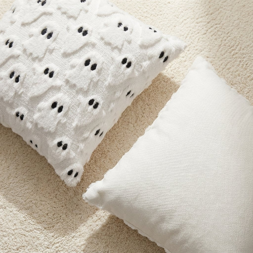 Close-up of the Ghost Fall Halloween Throw Pillow Cover showing the embroidered front and solid cream back
