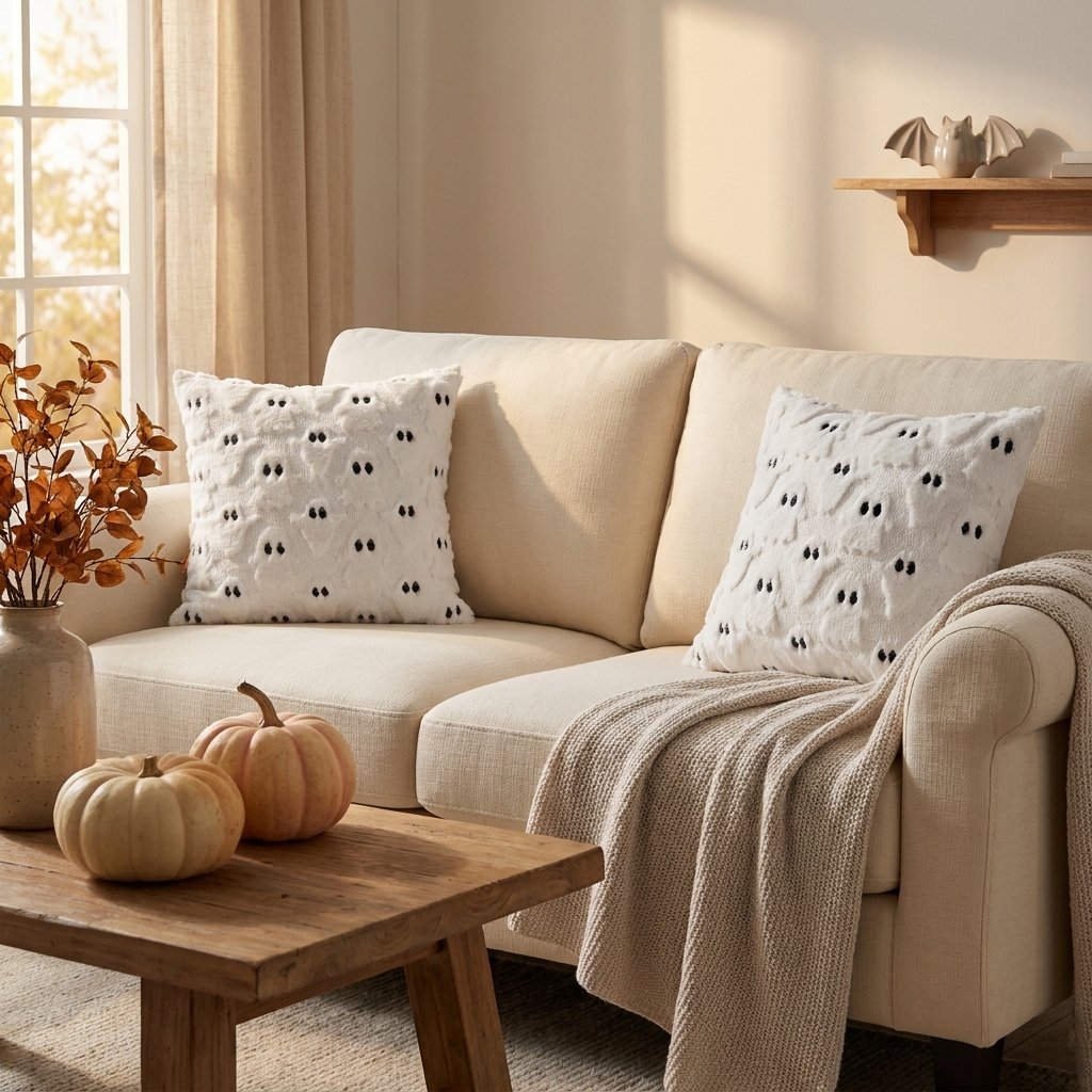 Two Ghost Fall Halloween Throw Pillow Covers on a cream couch in daytime light with mini pumpkins on the coffee table