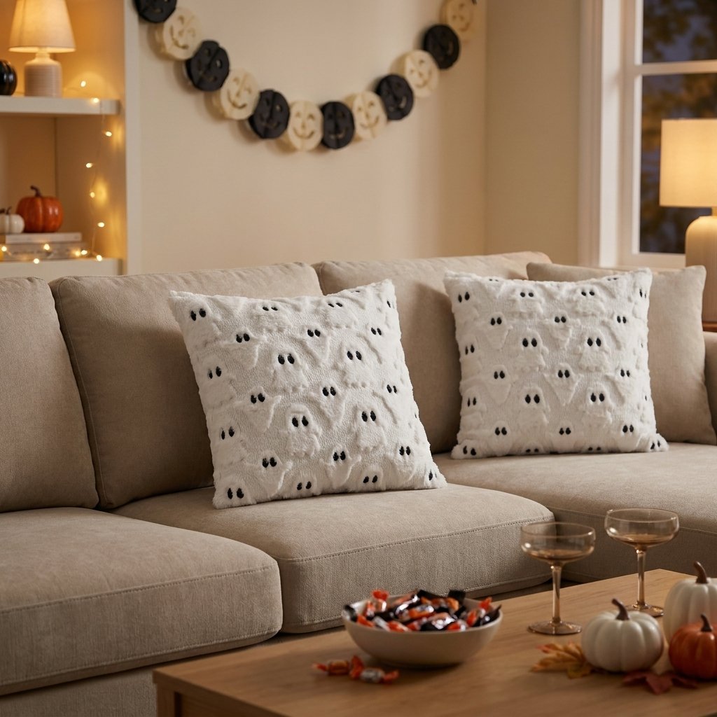 Two Ghost Fall Halloween Throw Pillow Covers on a couch in the evening with a jack-o'-lantern garland on the wall