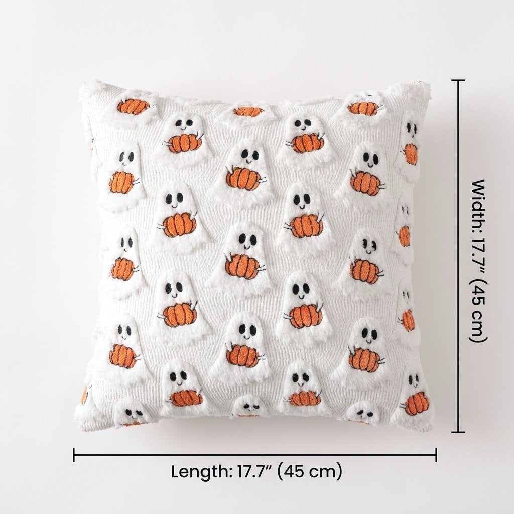 Ghost with Pumpkin Fall Halloween Throw Pillow Cover shown with its 17.7 inch (45cm) length and width labeled