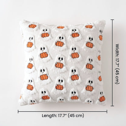 Ghost with Pumpkin Fall Halloween Throw Pillow Cover shown with its 17.7 inch (45cm) length and width labeled