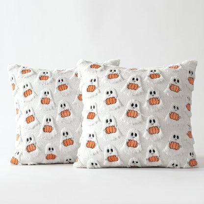 Two Ghost with Pumpkin Fall Halloween Throw Pillow Covers on a plain background