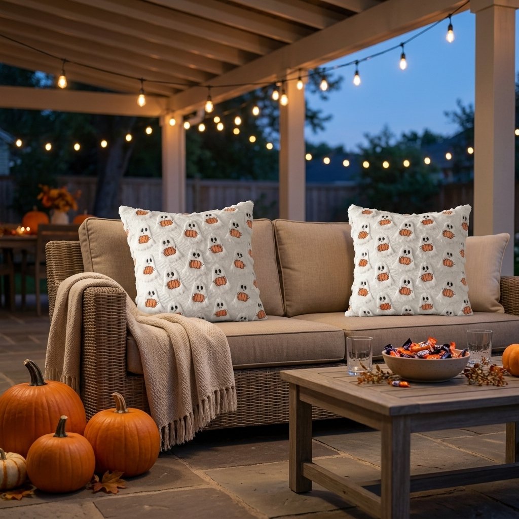 Two Ghost with Pumpkin Fall Halloween Throw Pillow Covers on an outdoor sofa under a covered patio in the evening with string lights