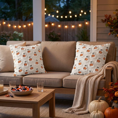 Two Ghost with Pumpkin Fall Halloween Throw Pillow Covers on an outdoor patio sofa in the evening