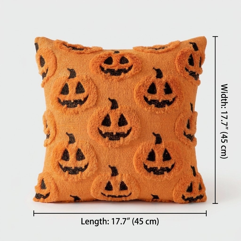 Pumpkins Fall Halloween Throw Pillow Cover shown with its 17.7 inch (45cm) length and width labeled