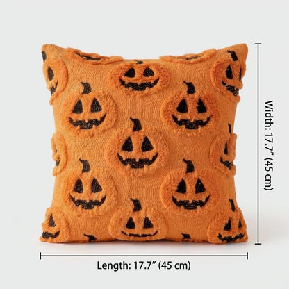 Pumpkins Fall Halloween Throw Pillow Cover shown with its 17.7 inch (45cm) length and width labeled
