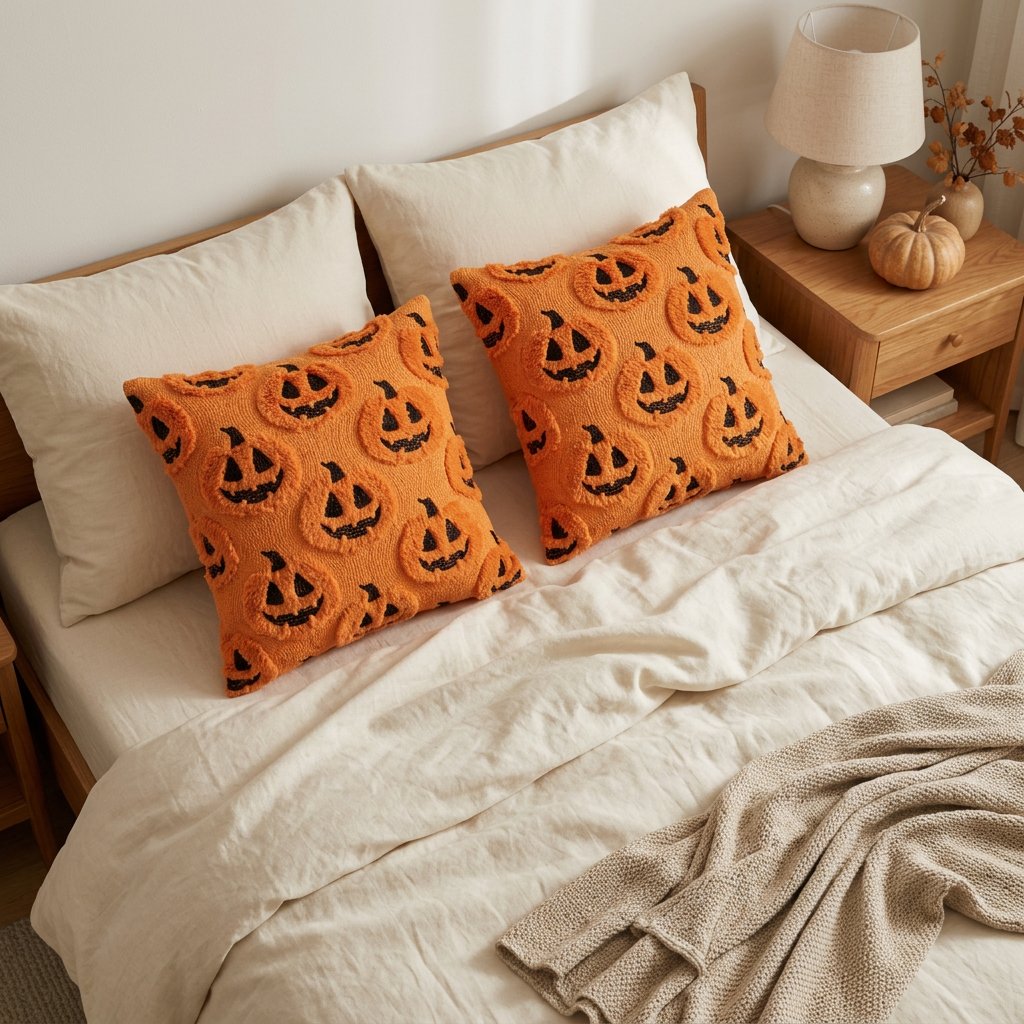 Two Pumpkins Fall Halloween Throw Pillow Covers styled on a bed