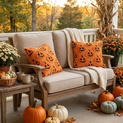 Two Pumpkins Fall Halloween Throw Pillow Covers on an outdoor patio sofa in daytime with mums and pumpkins