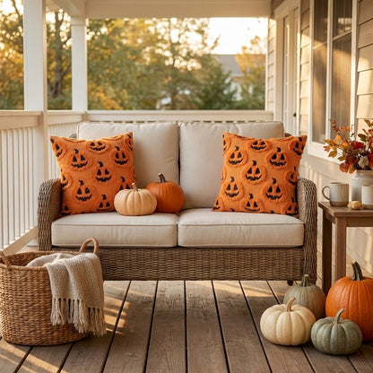 Two Pumpkins Fall Halloween Throw Pillow Covers on a porch loveseat in daytime with mini pumpkins