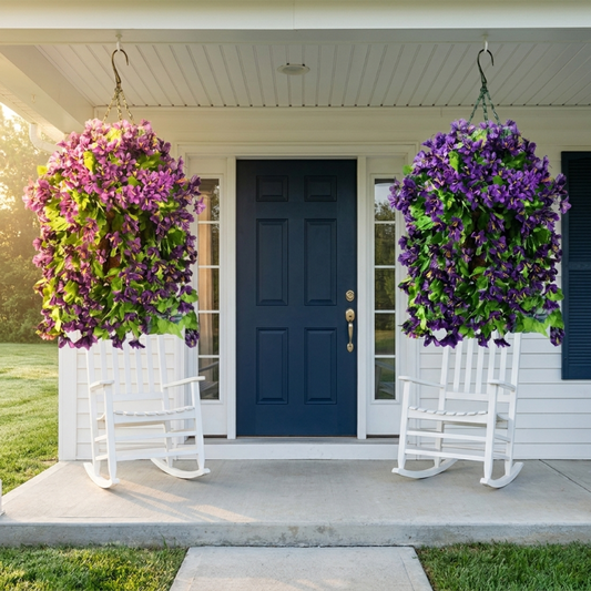 Faux UV-resistant hanging lilies in pink and purple on front porch