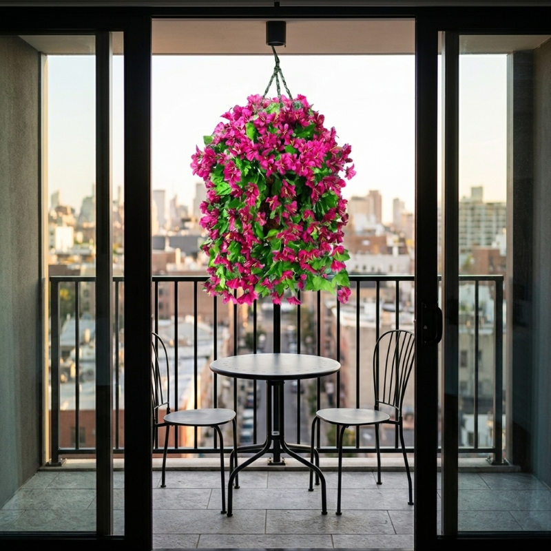 Pink faux UV-resistant hanging lilies on balcony at sunset