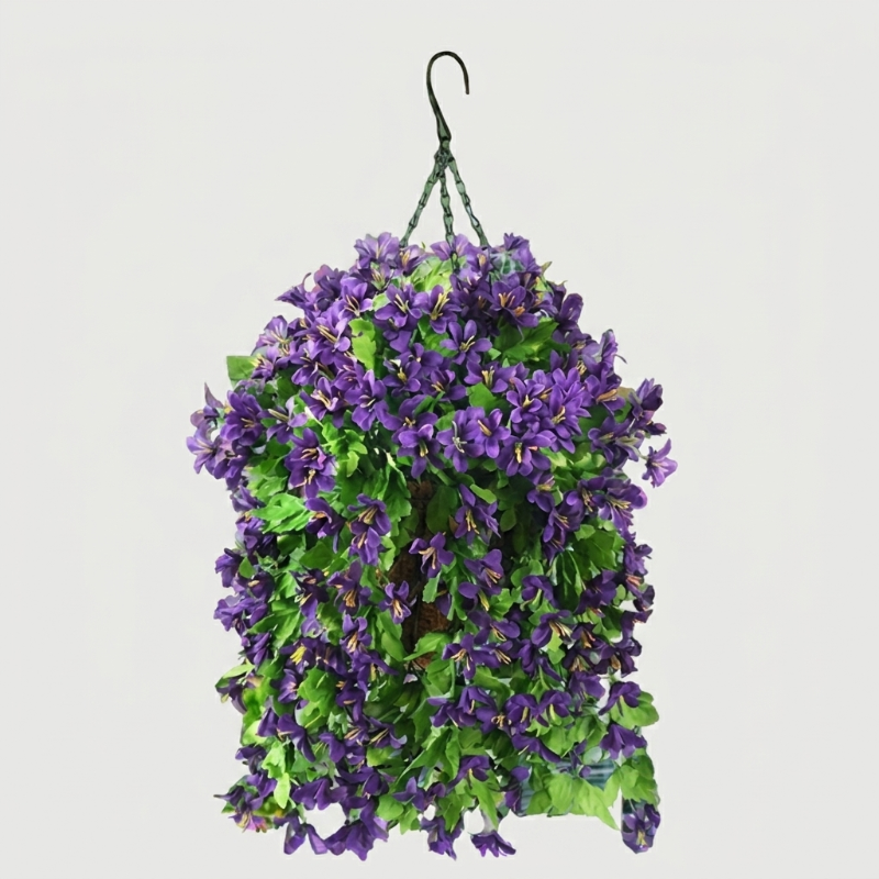 Purple faux UV-resistant hanging lilies on white background