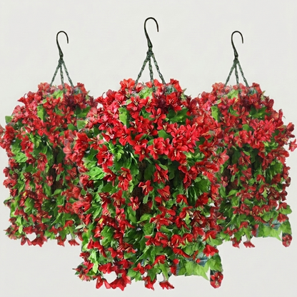 Set of three red faux UV-resistant hanging lilies on white background