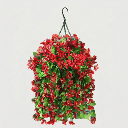 Red faux UV-resistant hanging lilies on white background
