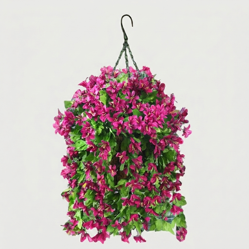 Pink faux UV-resistant hanging lilies on white background