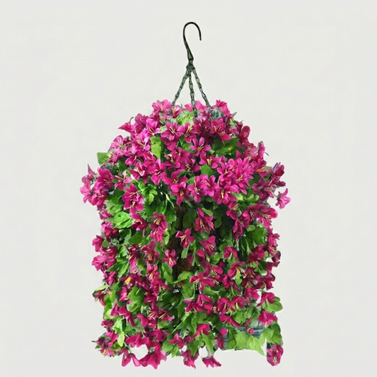 Pink faux UV-resistant hanging lilies on white background