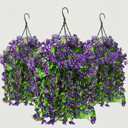 Set of three purple faux UV-resistant hanging lilies on white background