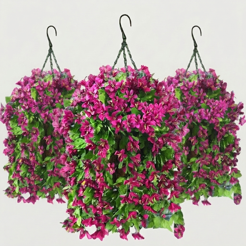 Set of three pink faux UV-resistant hanging lilies on white background